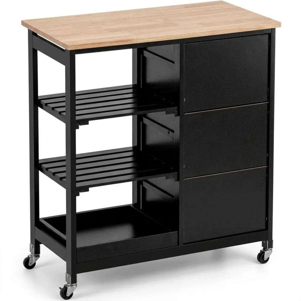 Carrito de Cocina con Ruedas y Encimera de Madera