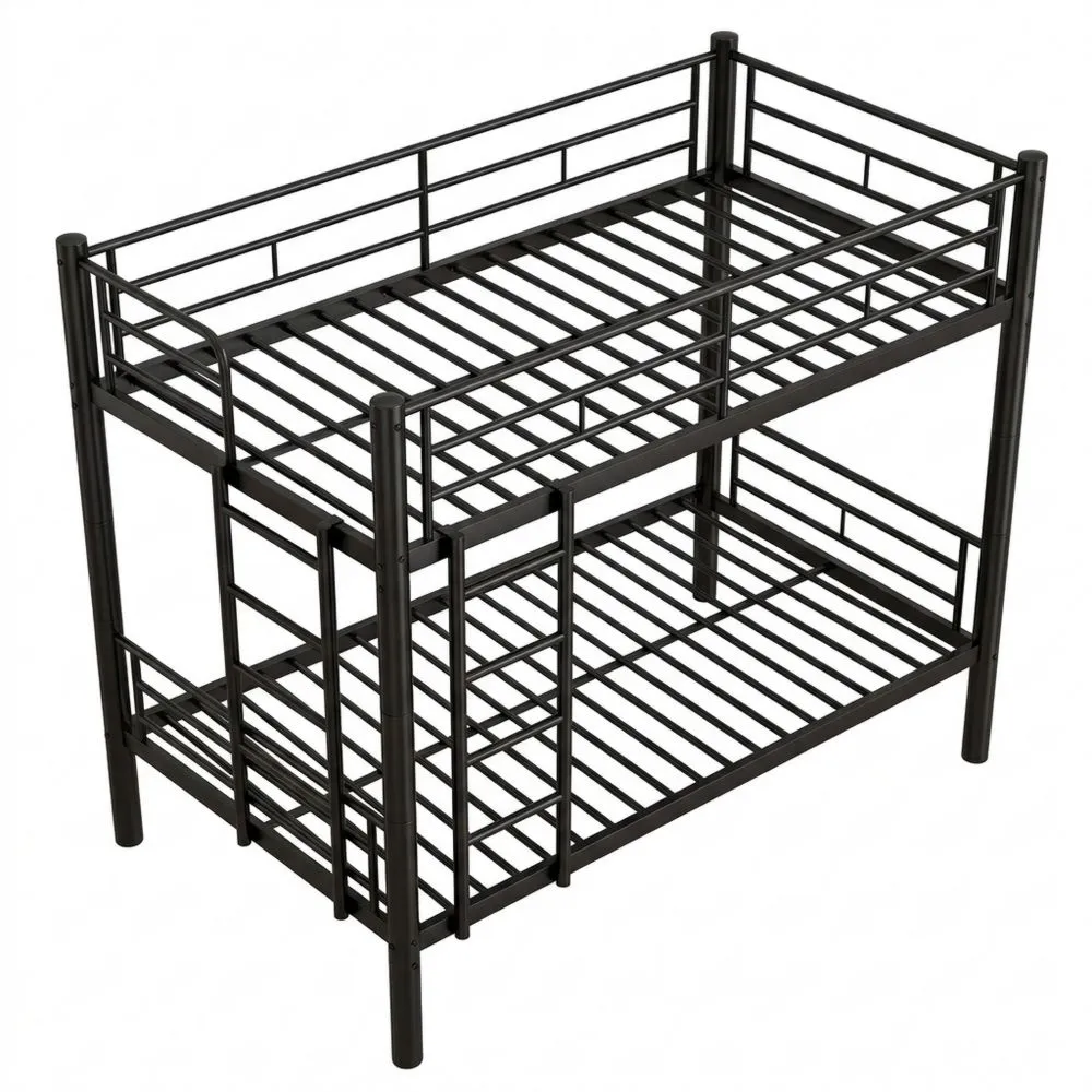 Cama litera metálica 90 x 200 cm con escaleras y protección contra caídas, convertible en 2 camas individuales, para niños, adolescentes y adultos (Negro)