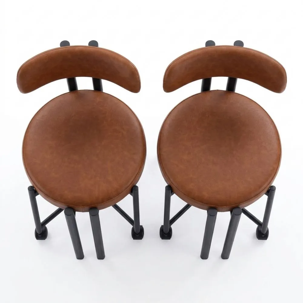 Juego de 2 sillas de comedor sin brazos de cuero PU, respaldo redondo y patas de metal, marrón