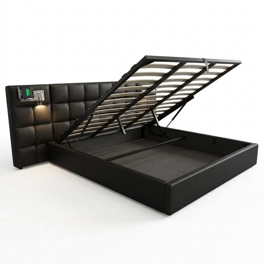 Cama Doble 180x200 cm con Carga Inalámbrica y USB, Almacenamiento Hidráulico y Iluminación