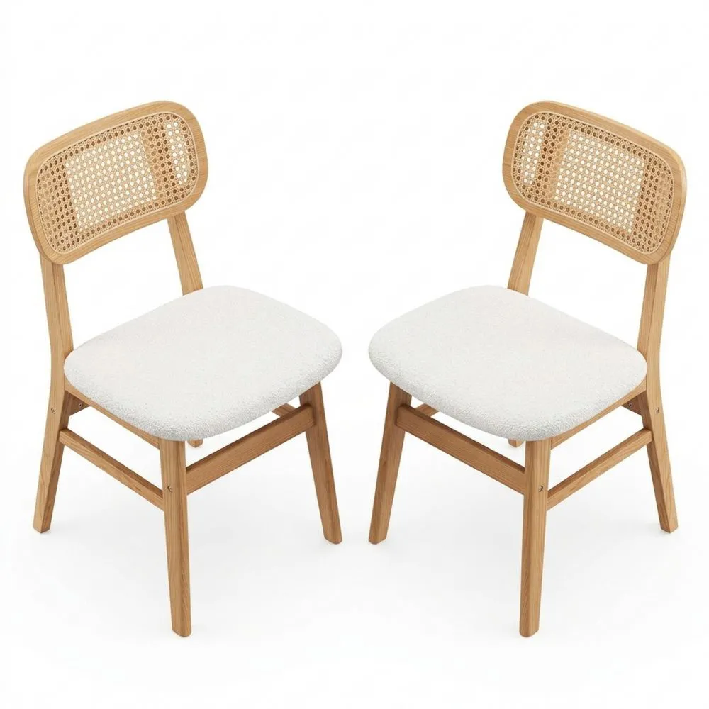 Juego de 2 sillas de comedor de madera maciza con respaldo de ratán, sillas rústicas tapizadas en lana sintética