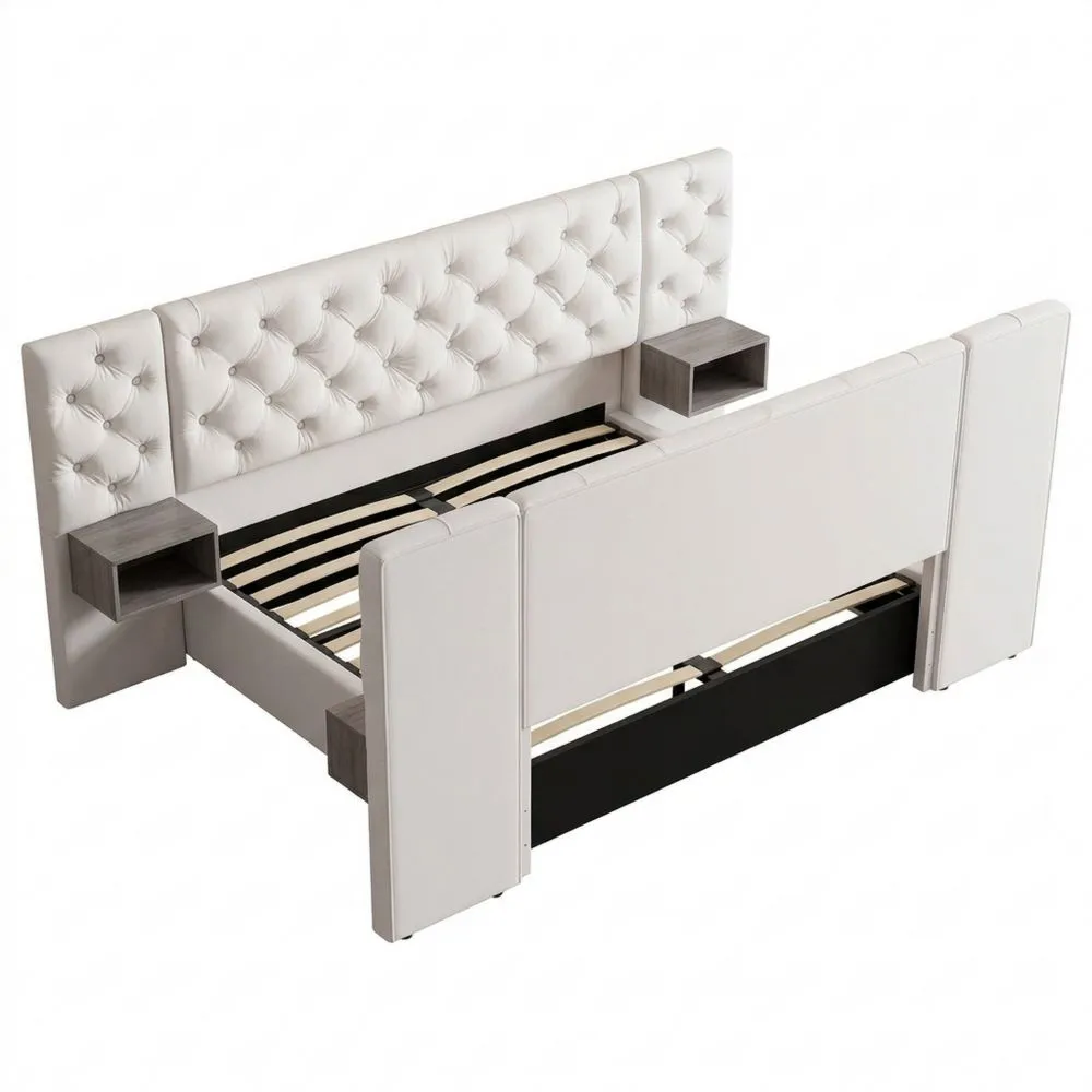 Cama 160x200 cm con Mesillas, Carga USB y LED, Cabecero Grande, Almacenamiento Hidráulico, Base de Lamas