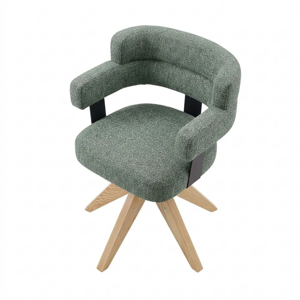 Silla de comedor giratoria, tapizada, cómoda, con reposabrazos y respaldo, asiento de lino, patas de roble, verde