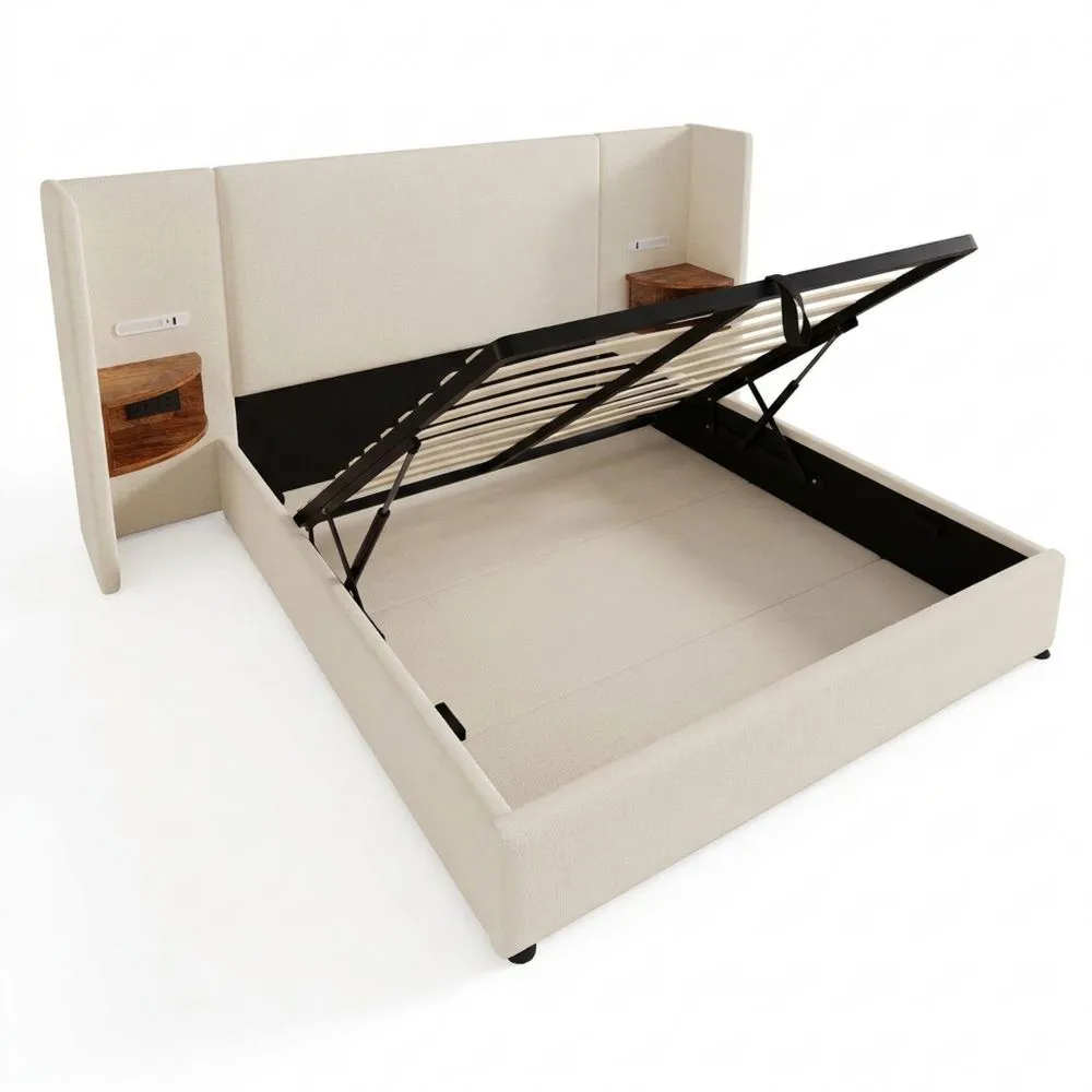 Cama Doble 180x200 con Cabecero Extendido y Espacio de Almacenamiento Hidráulico, con Lámpara de Lectura y Puertos USB y Tipo C, Lino, Beige, Sin Colchón