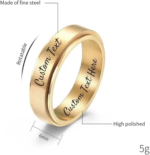 Personalized Anxiety Ring for Women Men Daughter, Stainless Steel Ring Engraved Customized Name, Spinning Jewelry Gift for Couple, Custom Fidget Spinner Ring, Brushed Surface, Comfort Fit