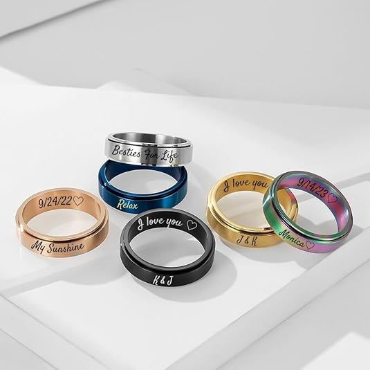 Personalized Anxiety Ring for Women Men Daughter, Stainless Steel Ring Engraved Customized Name, Spinning Jewelry Gift for Couple, Custom Fidget Spinner Ring, Brushed Surface, Comfort Fit
