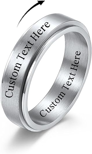 Personalized Anxiety Ring for Women Men Daughter, Stainless Steel Ring Engraved Customized Name, Spinning Jewelry Gift for Couple, Custom Fidget Spinner Ring, Brushed Surface, Comfort Fit