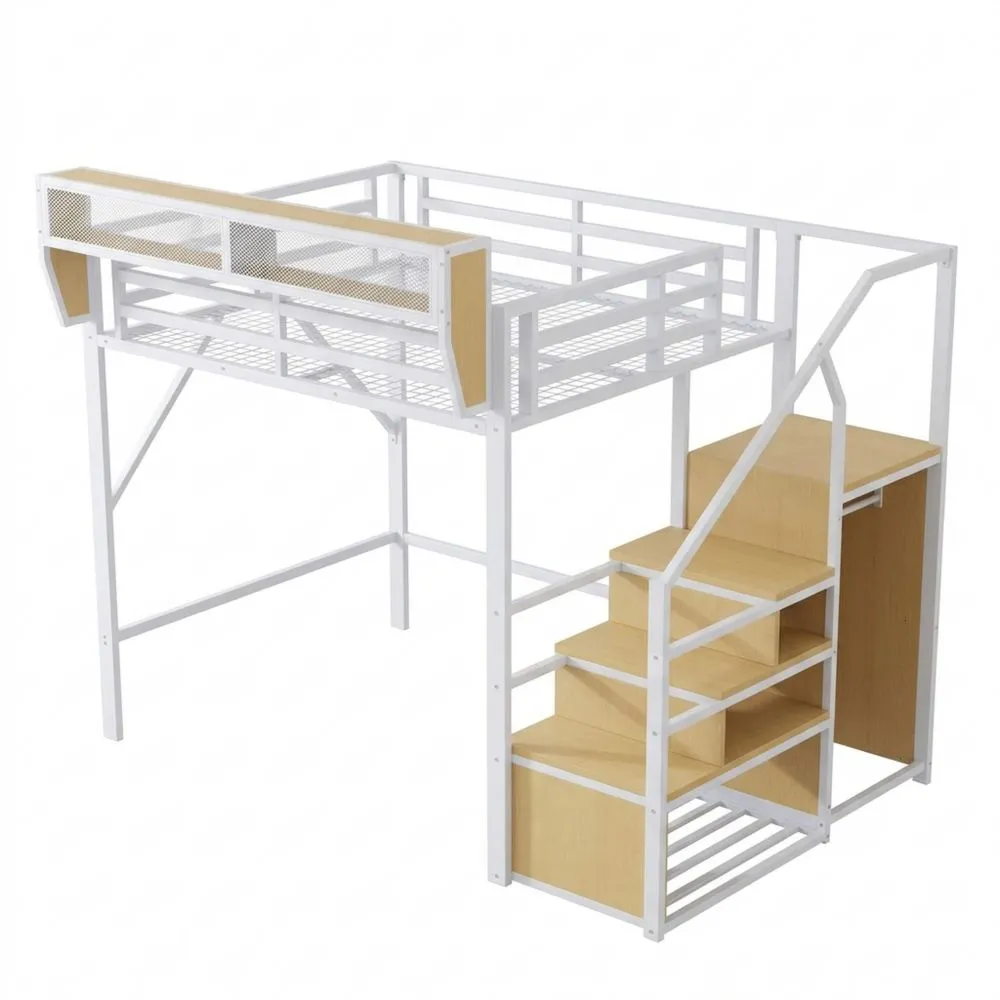 Cama Alta con Escalera de Seguridad y Compartimento de Almacenamiento, Cama Metálica para Adultos y Niños, Blanca, 140 x 200 cm