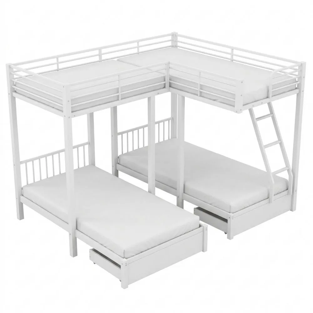 Cama Triple con Cajones Convertibles en Cama Doble y Dos Individuales, Estructura Metálica Multifuncional