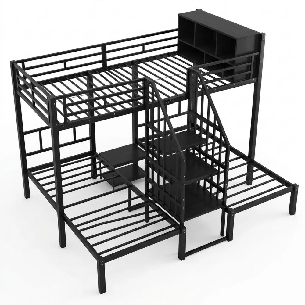Cama Literas de Hierro para Tres Personas con Escalera Segura y Espacio de Almacenamiento