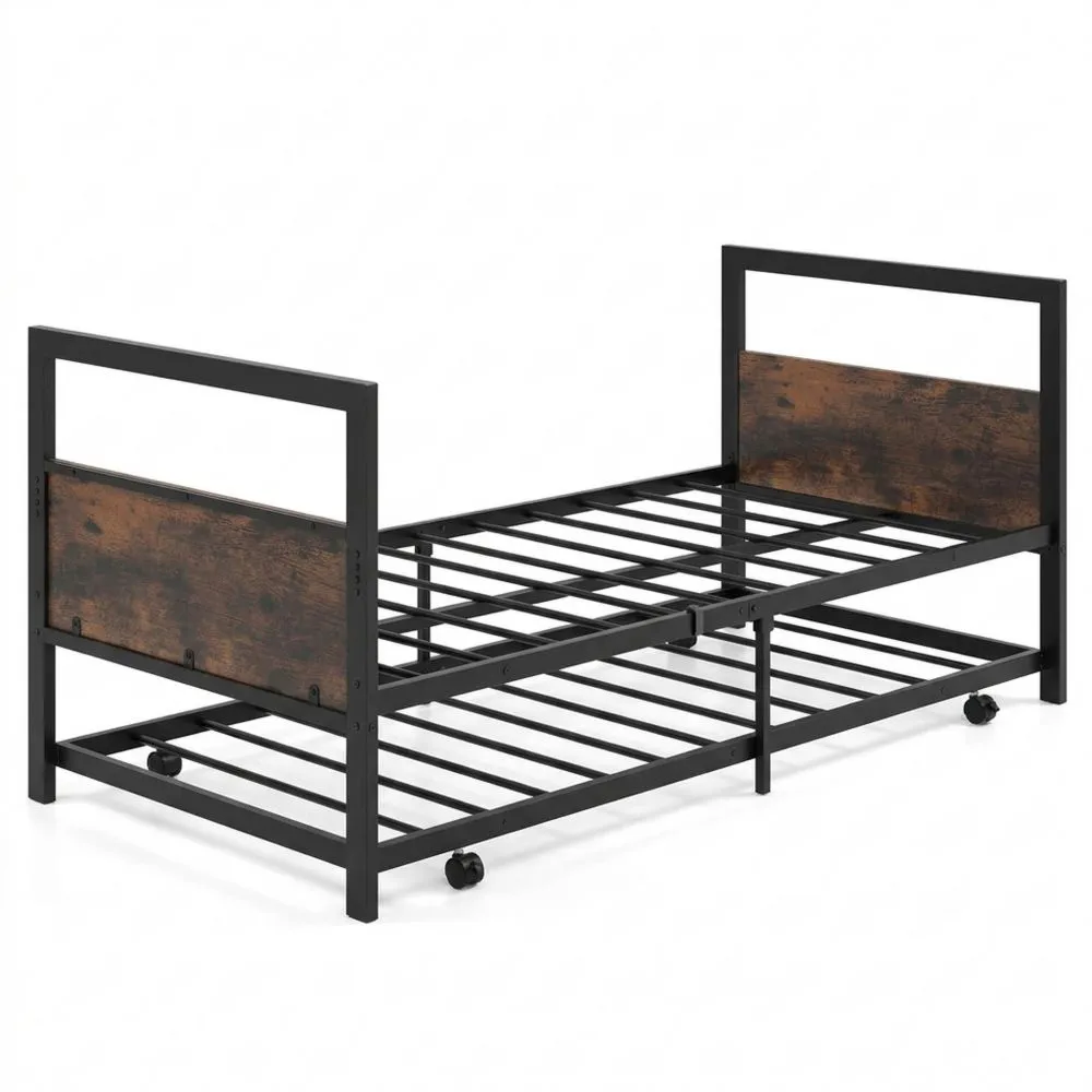 Cama Individual 90 x 200 cm con Ruedas y Soporte de Metal, Estilo Industrial, Marrón Rústico, Capacidad 220 kg