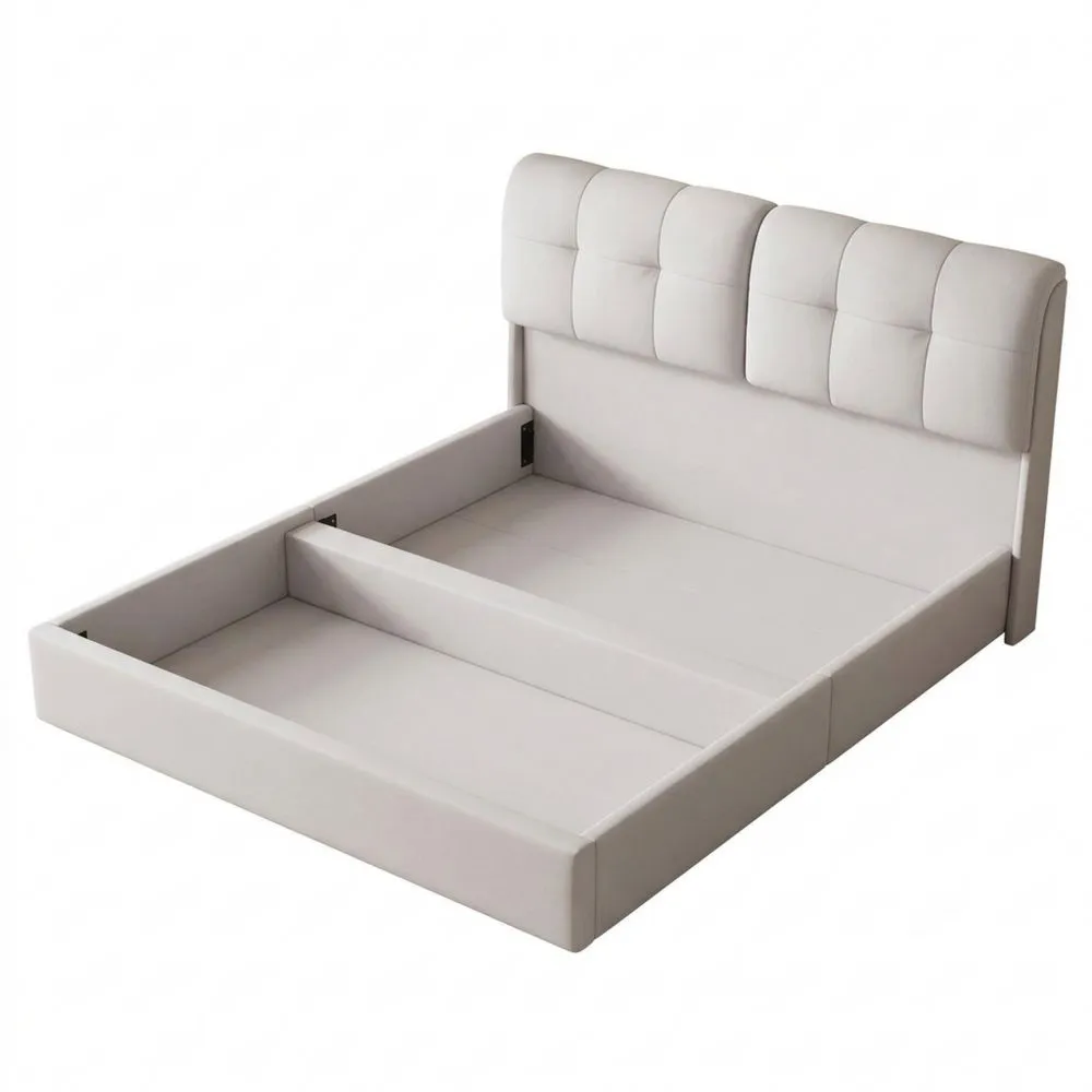 Cama Doble con Almacenamiento y Luces LED, 140 x 200 cm, Tapizada en Terciopelo Crema