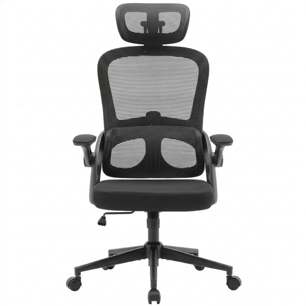 Silla de oficina ergonómica grande con reposabrazos plegables y soporte lumbar ajustable - Negra