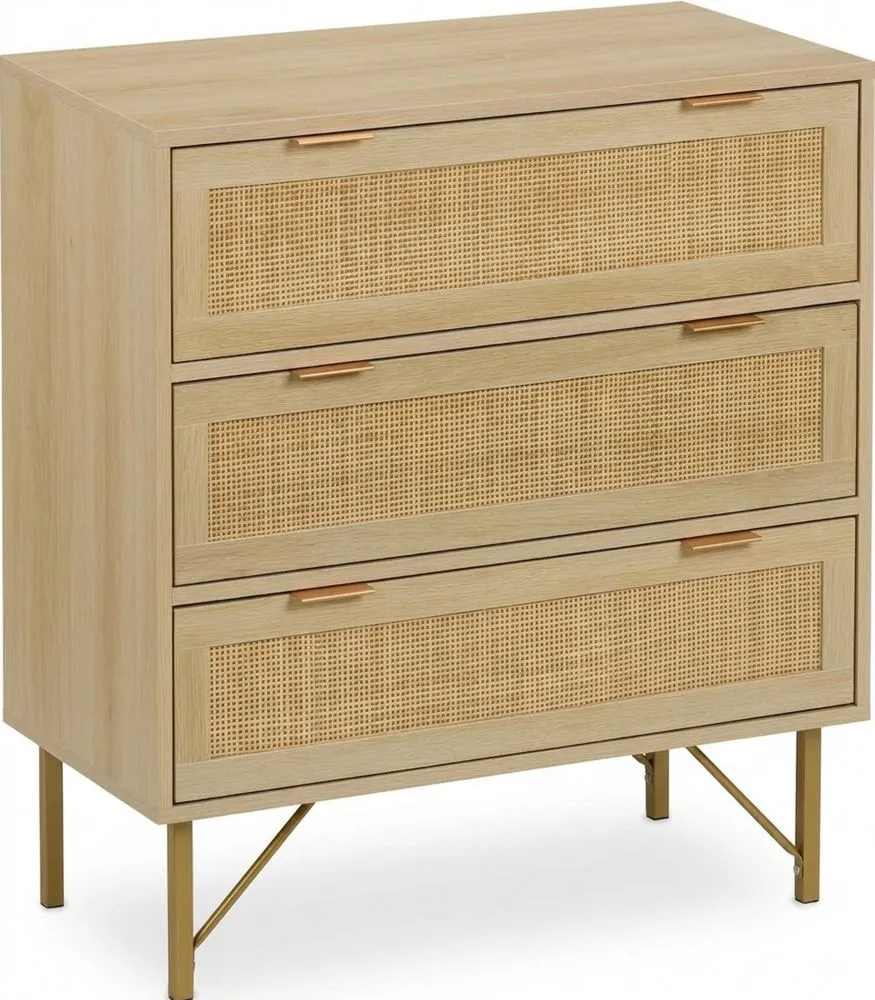Cómoda de 3 cajones estilo bohemio, efecto ratán y madera, 80 x 80 x 42 cm