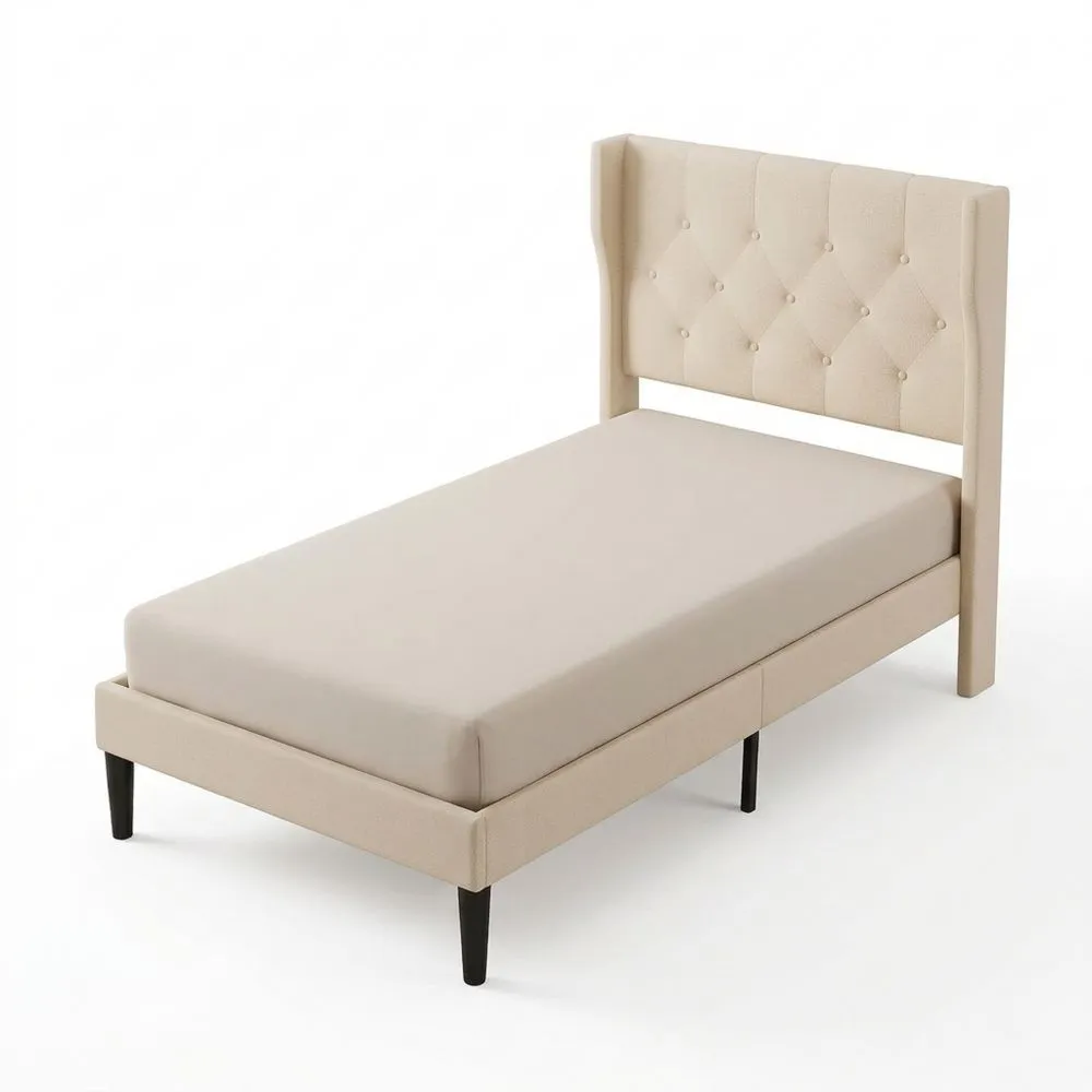 Cama Individual 90 x 200 cm con Cabecero Acolchado y Base de Listones de Madera, Almacenamiento y Montaje Fácil