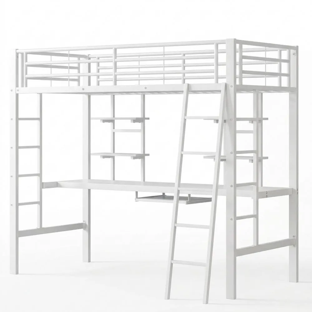 Cama Alta 90 x 200 cm con Estantes y Escritorio, Litera con Base de Lamas y Protección Anticaídas, Estructura con Almacenamiento, Blanco