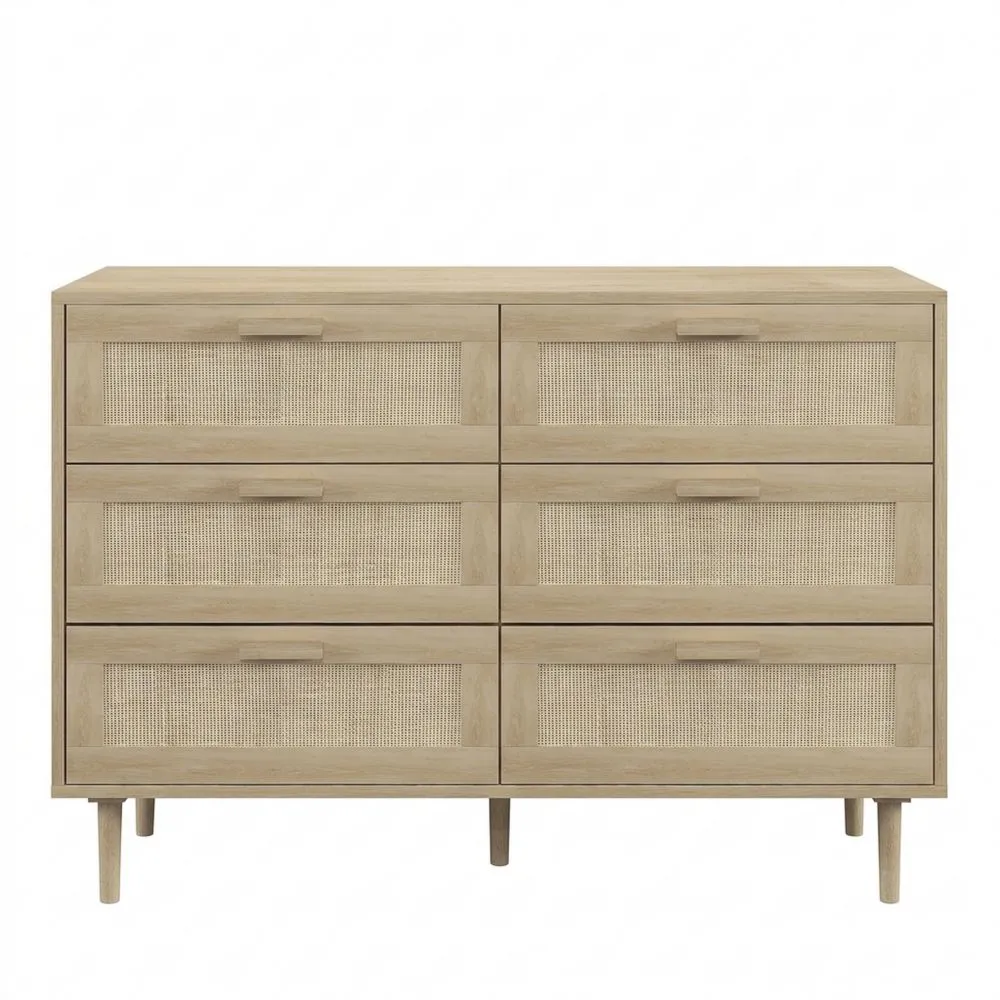 Cajonera Bohemia con 6 Cajones y Frontal de Ratán, para Dormitorio y Oficina, 110 x 40 x 75 cm, Roble