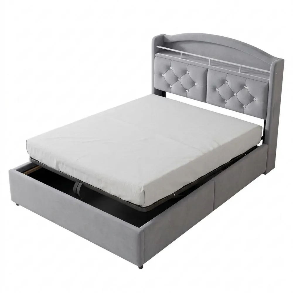 Cama Individual 90x200 cm con USB y LED, Almacenamiento Hidráulico y Cabecero, Tapizada en Terciopelo Gris