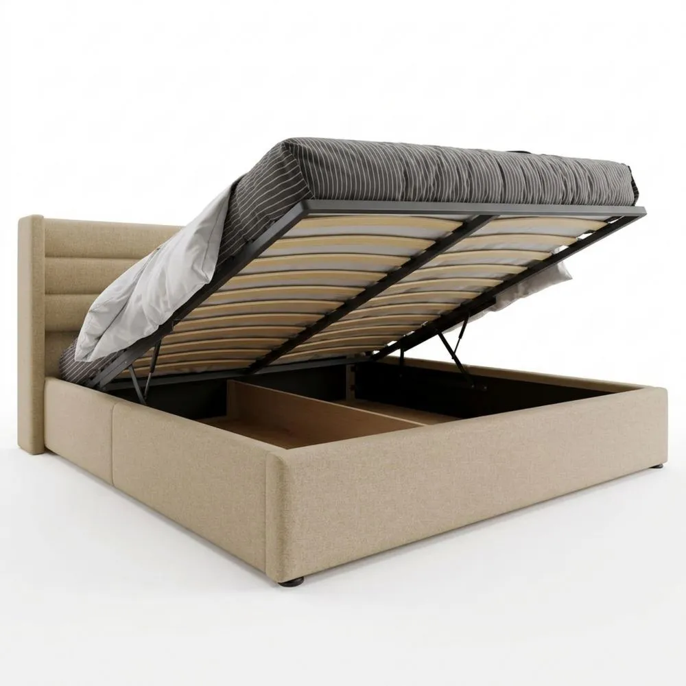 Cama doble con almacenamiento, 160 x 200 cm, cama hidráulica con cajón y cabecero, base tapizada con somier