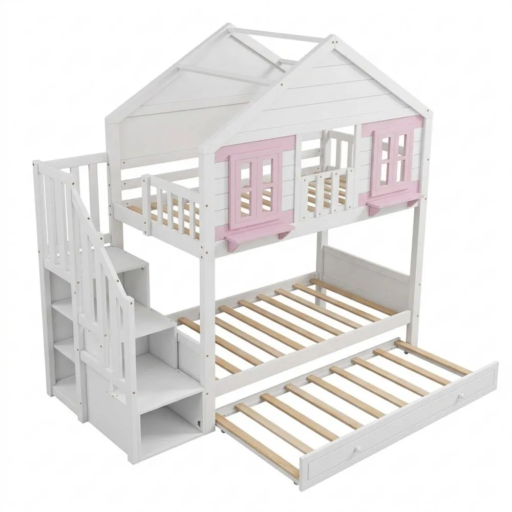 Cama Alta Infantil con Área para Ropa, Ventanas y Techo