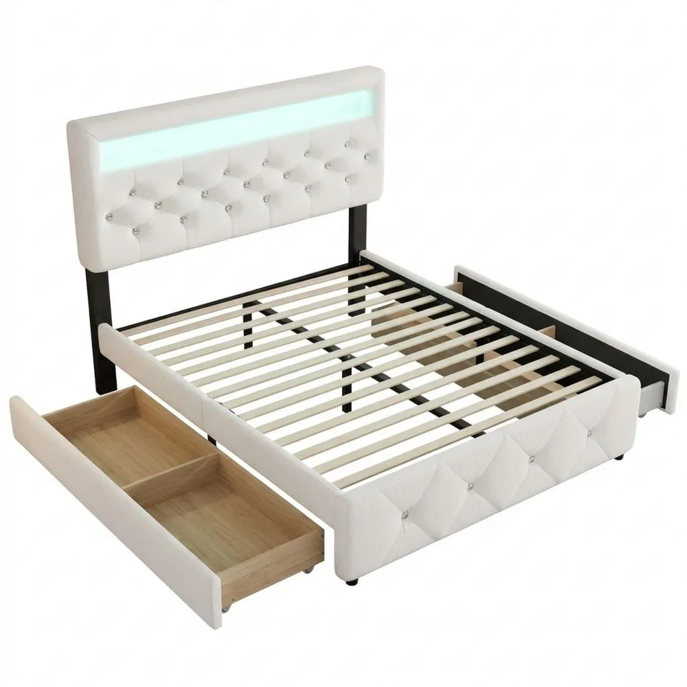 Cama Tapizada Doble con Podio y Cajones, Mesa de Noche con Barra de Luz (Blanco)