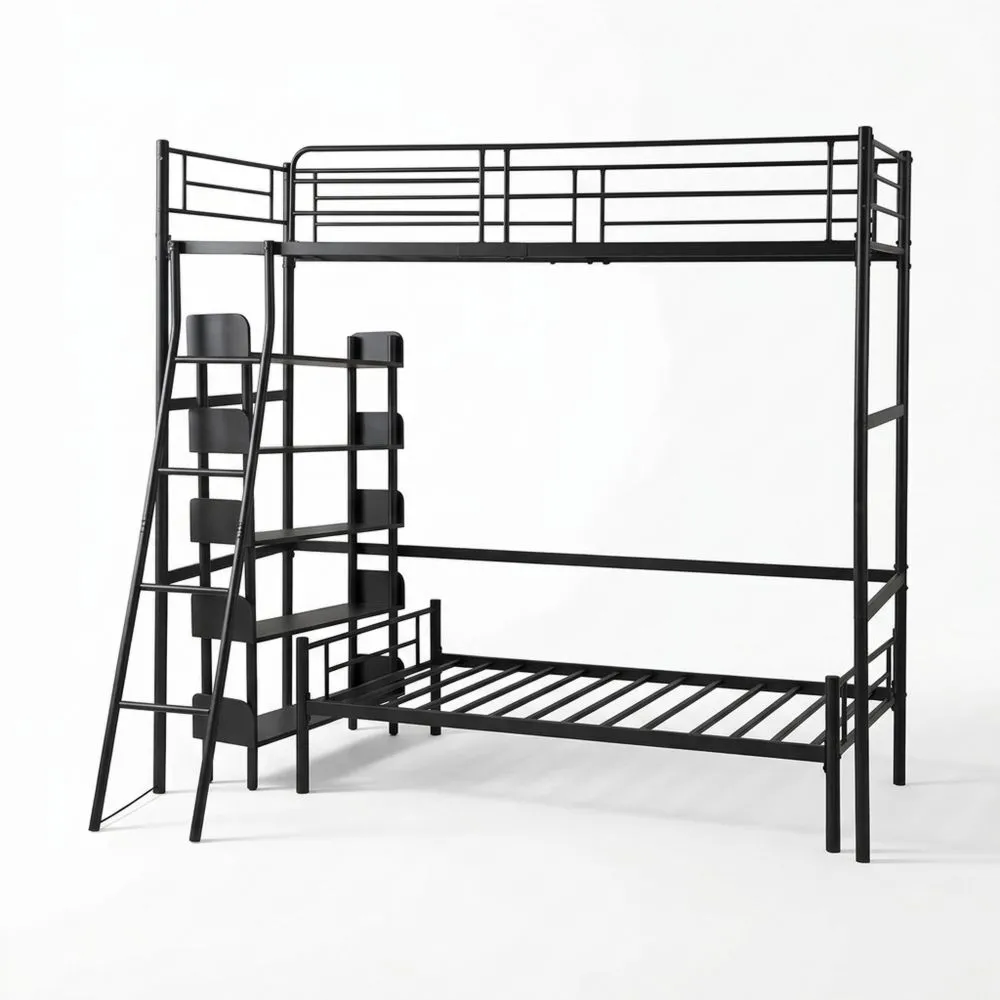 Cama Alta de Hierro 90 x 200 cm con Escalera para Habitaciones Juveniles