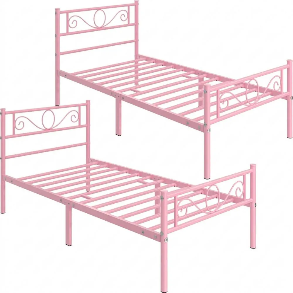 Juego de 2 camas individuales de hierro forjado con lamas de metal, estilo moderno, cabecero elegante, rosa 90 x 190 cm