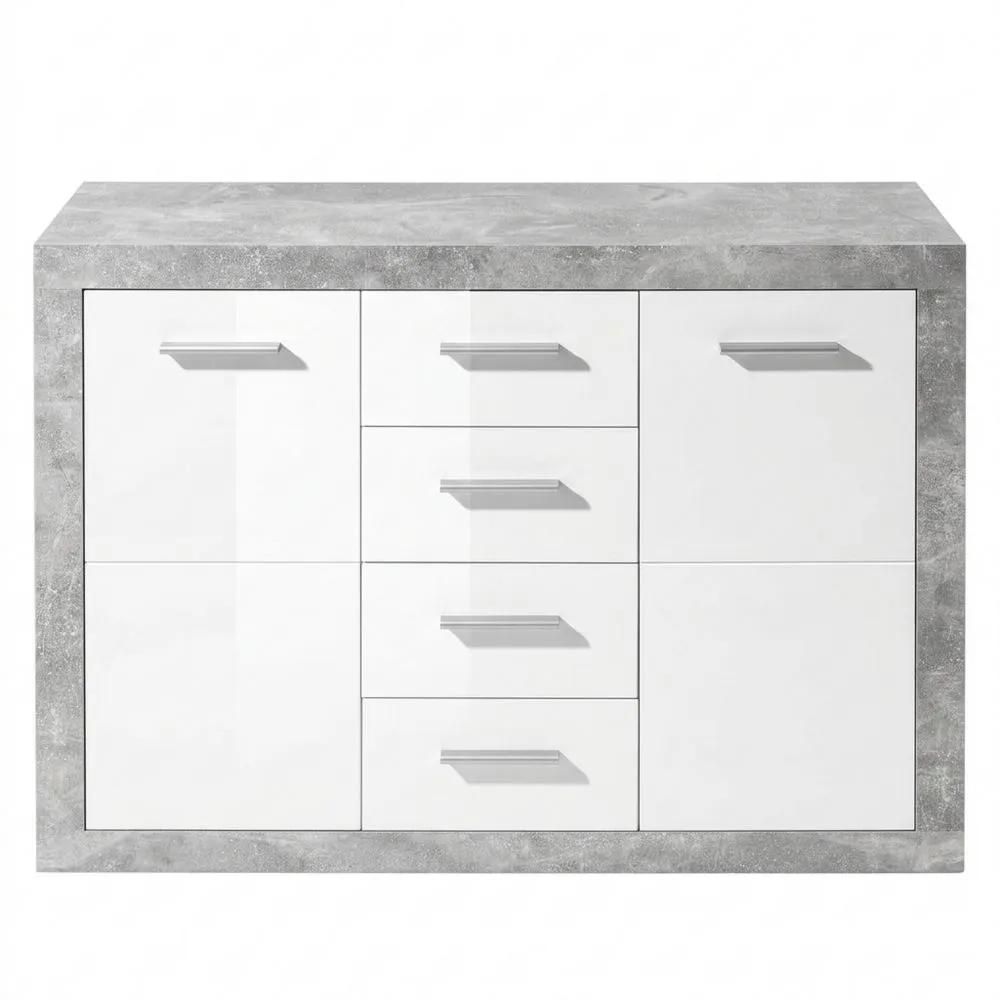 Cómoda contemporánea con acabado de hormigón y alto brillo blanco, con amplio espacio de almacenamiento, 117 x 88 x 37 cm