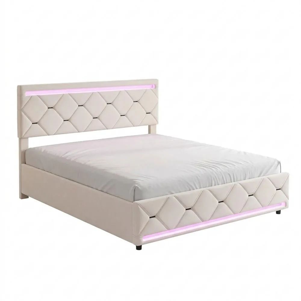 Cama Doble Tapizada con Almacenamiento y USB