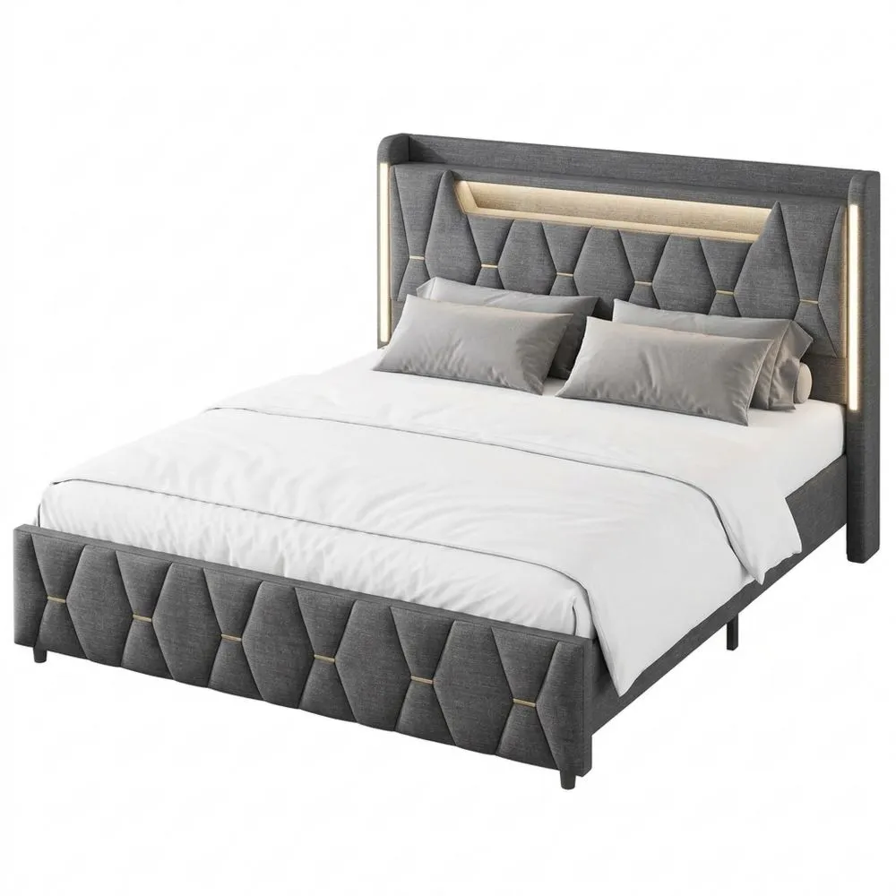 Cama Doble Tapizada 160x200 cm con Marco Funcional, Iluminación LED, 4 Cajones, Cabecero con Almacenamiento y Estación de Carga Tipo-C/USB