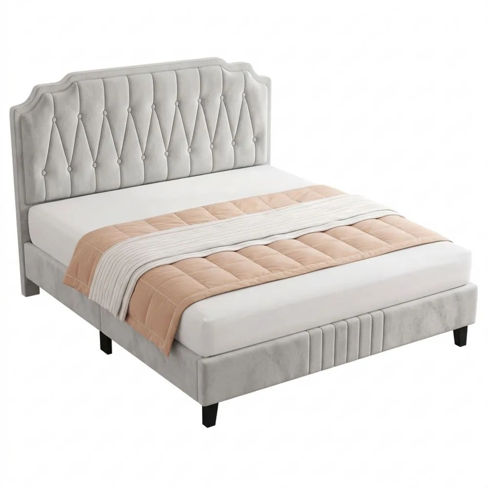 Cama Doble con Cabecero Tapizado Beige Ajustable 140 x 200 cm