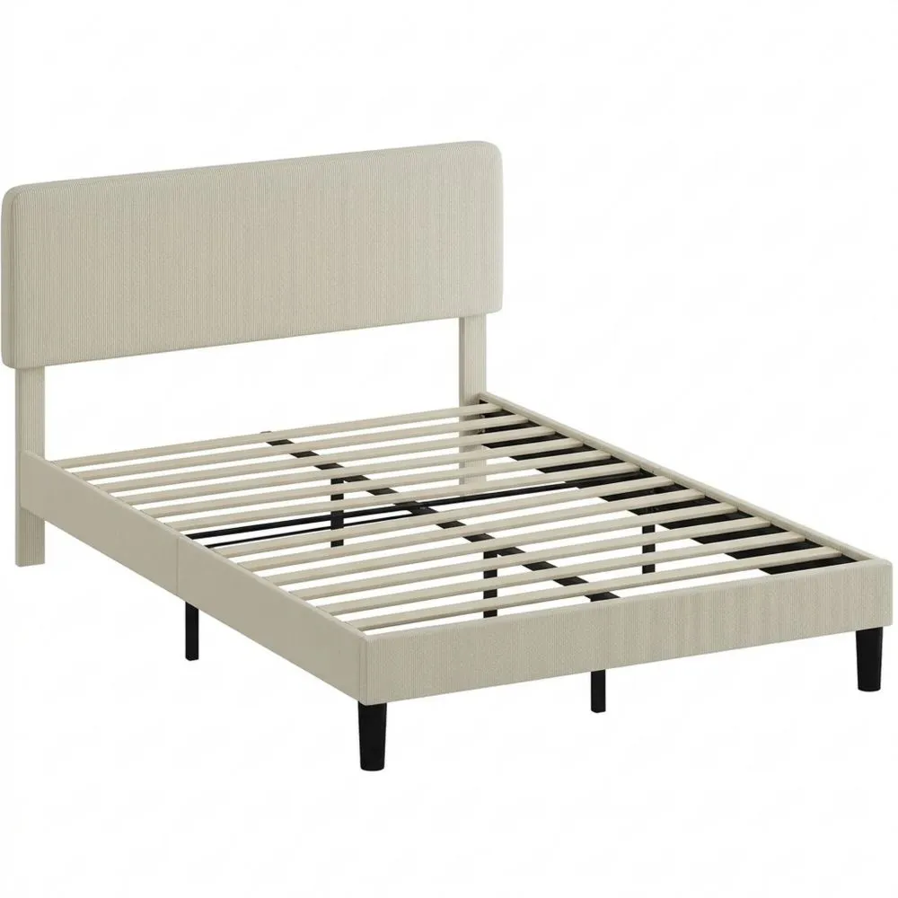 Cama Matrimonial Tapizada con Cabecero Ajustable y Listones de Madera