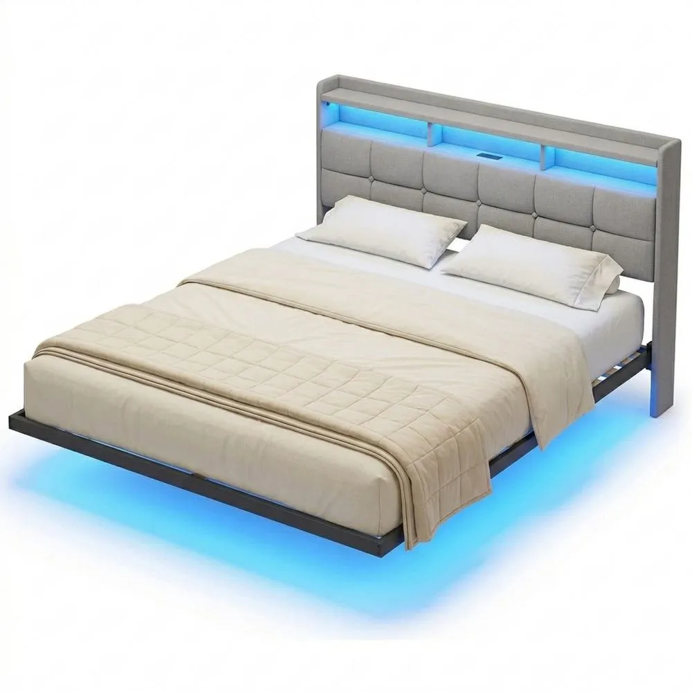 Cama Doble con Efecto Flotante y Estación de Carga, Estructura Metálica con Cabecera Acolchada y LED