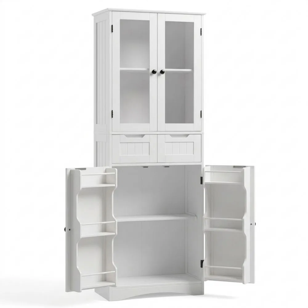 Armario Alto de Cocina con 4 Puertas y 2 Cajones, Estantería Lateral, Blanco