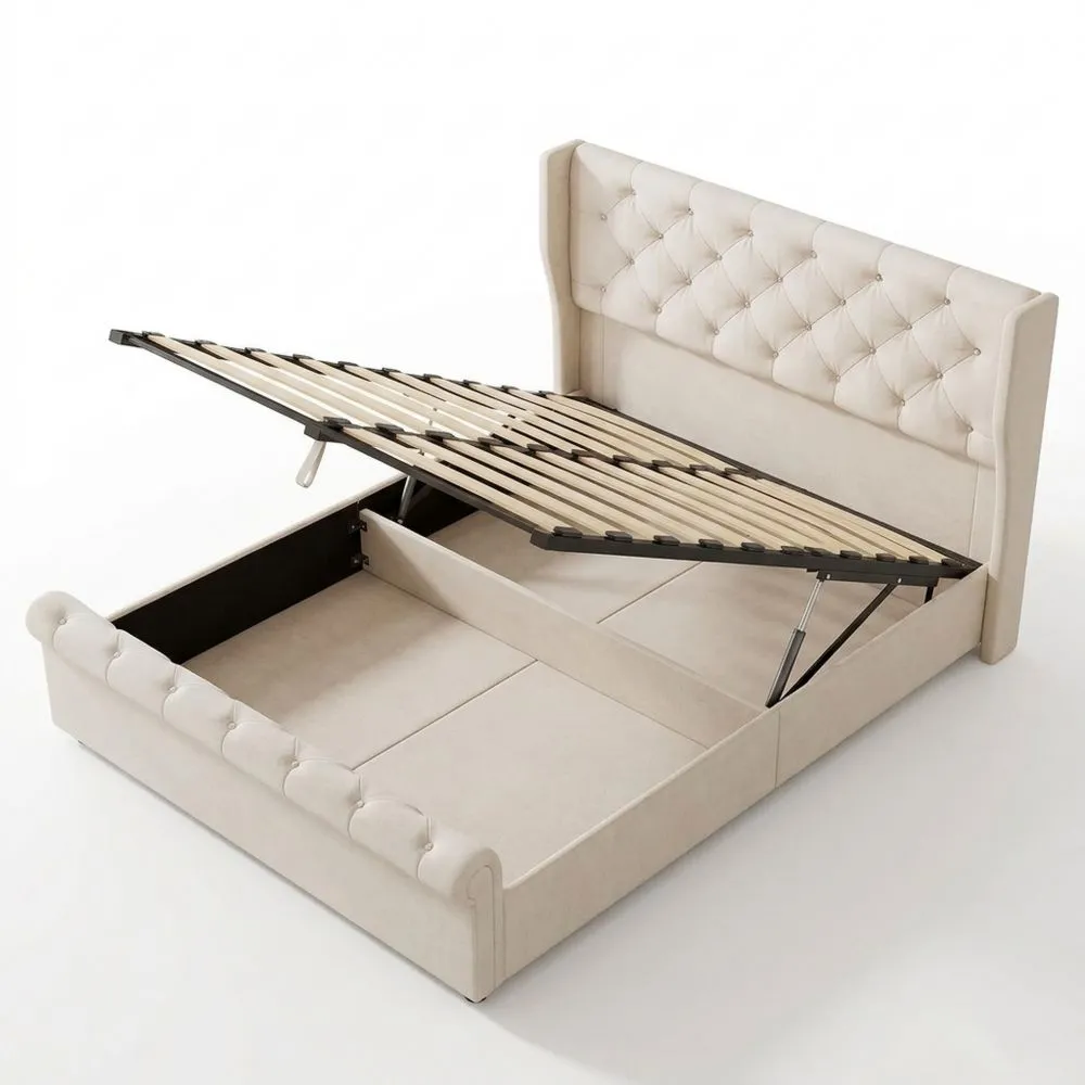Cama Doble Beige con Base de Lamas y Lámpara de Lectura, Función de Carga y Espacio de Almacenamiento, Terciopelo Suave