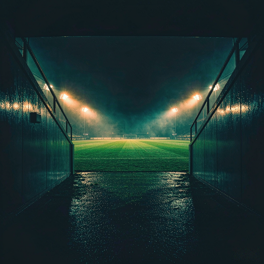 Floodlit football stadium tunnel at night