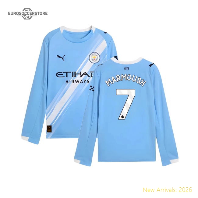 2025-2026 Man City Long Sleeve Home Shirt (Kids) (Marmoush 7)-Vantage Point Soccer