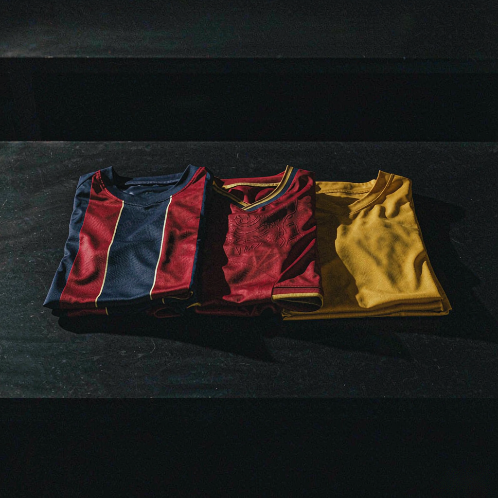 Three folded football shirts in blaugrana stripes, crimson and gold on a black surface