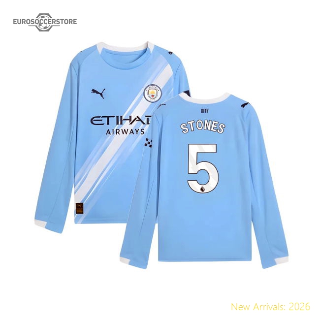 2025-2026 Man City Long Sleeve Home Shirt (Kids) (Stones 5)-Vantage Point Soccer
