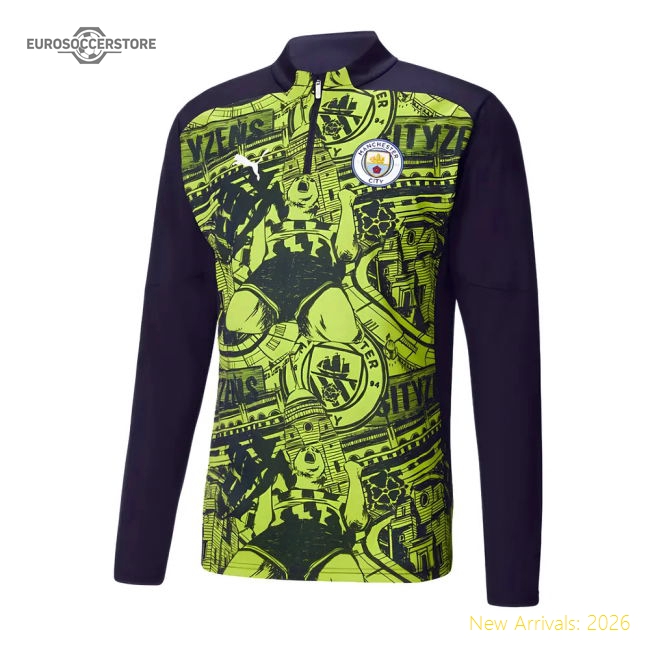 2024-2025 Man City Prematch 1/4 Zip Top (Yellow Glow)-Vantage Point Soccer