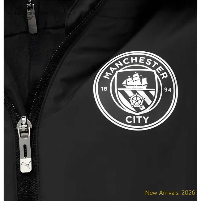 2025-2026 Man City Hooded Padded Coat (Black) - Kids-Vantage Point Soccer