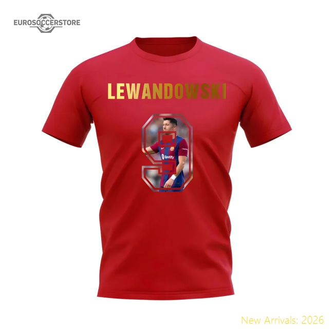 Robert Lewandowski Name And Number Barcelona T-Shirt (Red)-Vantage Point Soccer