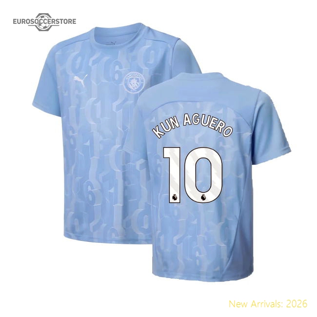 2024-2025 Man City Prematch SS Shirt (Light Blue) - Kids (Kun Aguero 10)-Vantage Point Soccer