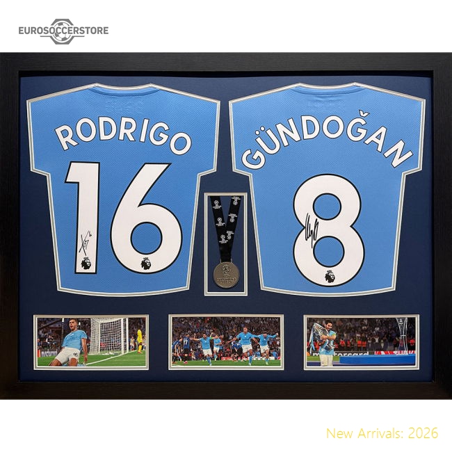 Manchester City FC Rodri & Gundogan Signed Shirts & Medal (Dual Framed)-Vantage Point Soccer