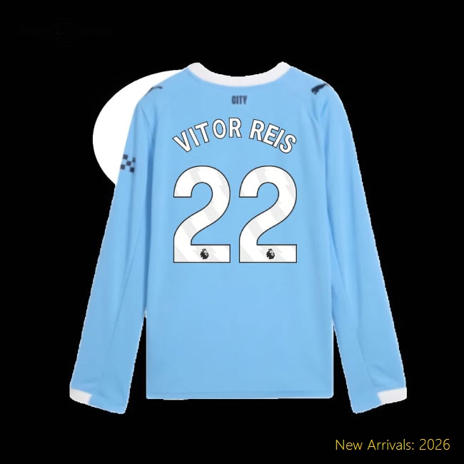 2025-2026 Man City Long Sleeve Home Shirt (Kids) (Vitor Reis 22)-Vantage Point Soccer