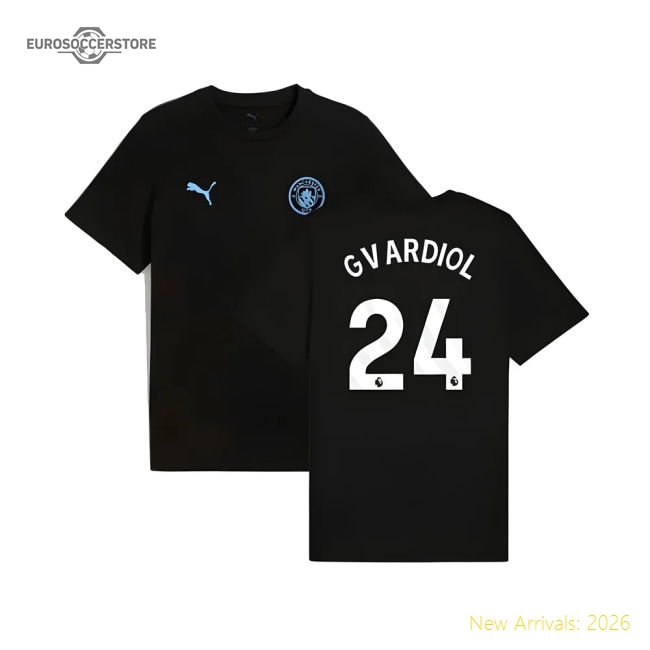 2025-2026 Man City FtblESS Tee (Black) (Gvardiol 24)-Vantage Point Soccer