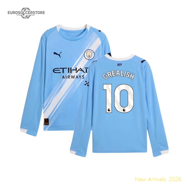 2025-2026 Man City Long Sleeve Home Shirt (Kids) (Grealish 10)-Vantage Point Soccer