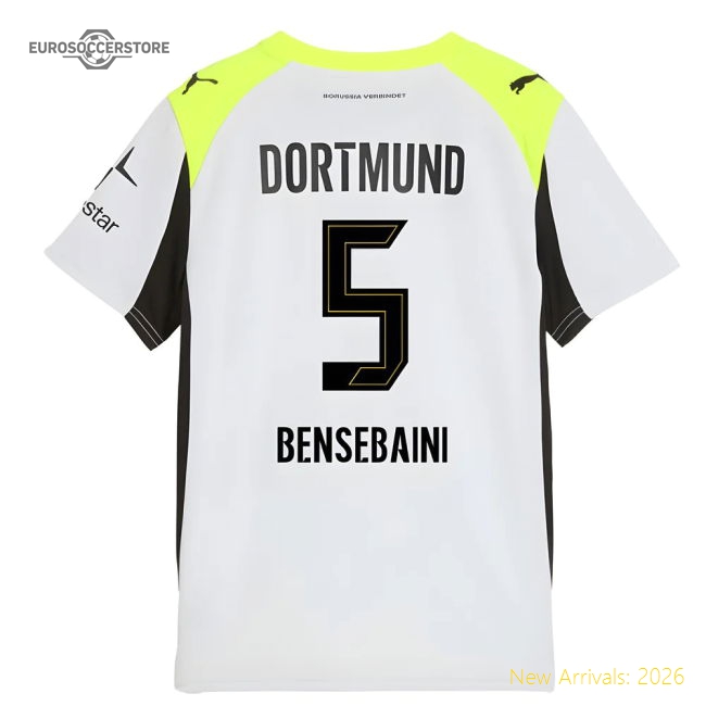 2025-2026 Borussia Dortmund Away Shirt (Kids) (Bensebaini 5)-Vantage Point Soccer