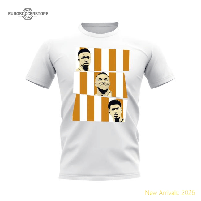 Vinicius Jr Mbappe Bellingham Real Madrid Trio T-Shirt (White)-Vantage Point Soccer