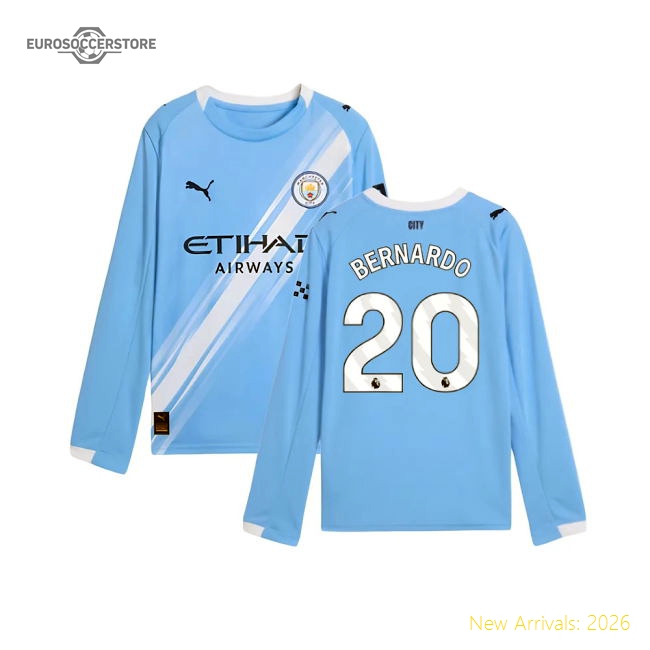 2025-2026 Man City Long Sleeve Home Shirt (Kids) (Bernardo 20)-Vantage Point Soccer